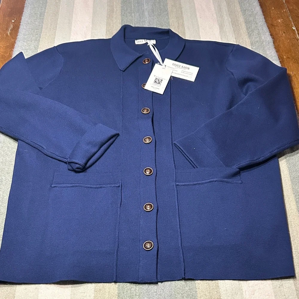 Grace Karin Deep Navy Button-Front Knit Cardigan Jacket -2XL- New with Tags